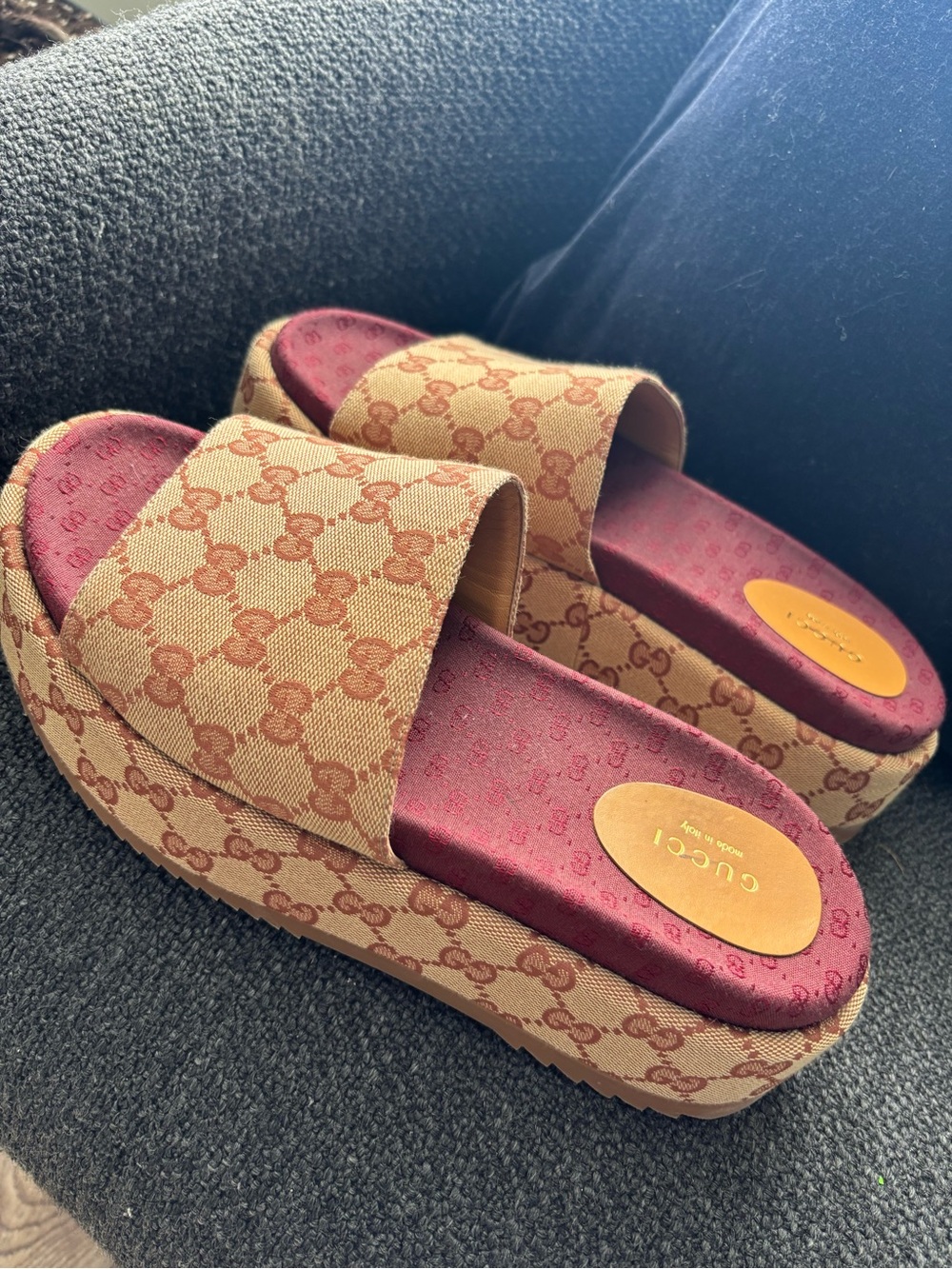 Gucci Tan GG Canvas Platform Slide Sandals with Burgundy Footbed